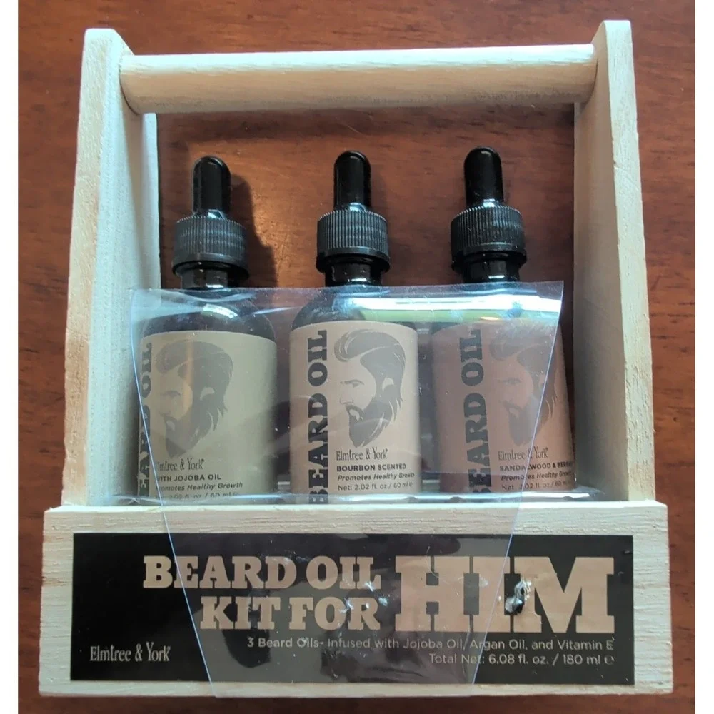 Elmtree & York Beard Oil Kit For Him 3 Pack Wooden Caddy Gift Set